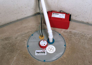 A sump pump system with a battery backup system installed in 
