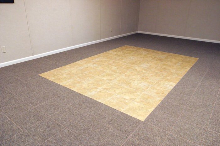 tiled and carpeted basement flooring installed in a Thousand Oaks home